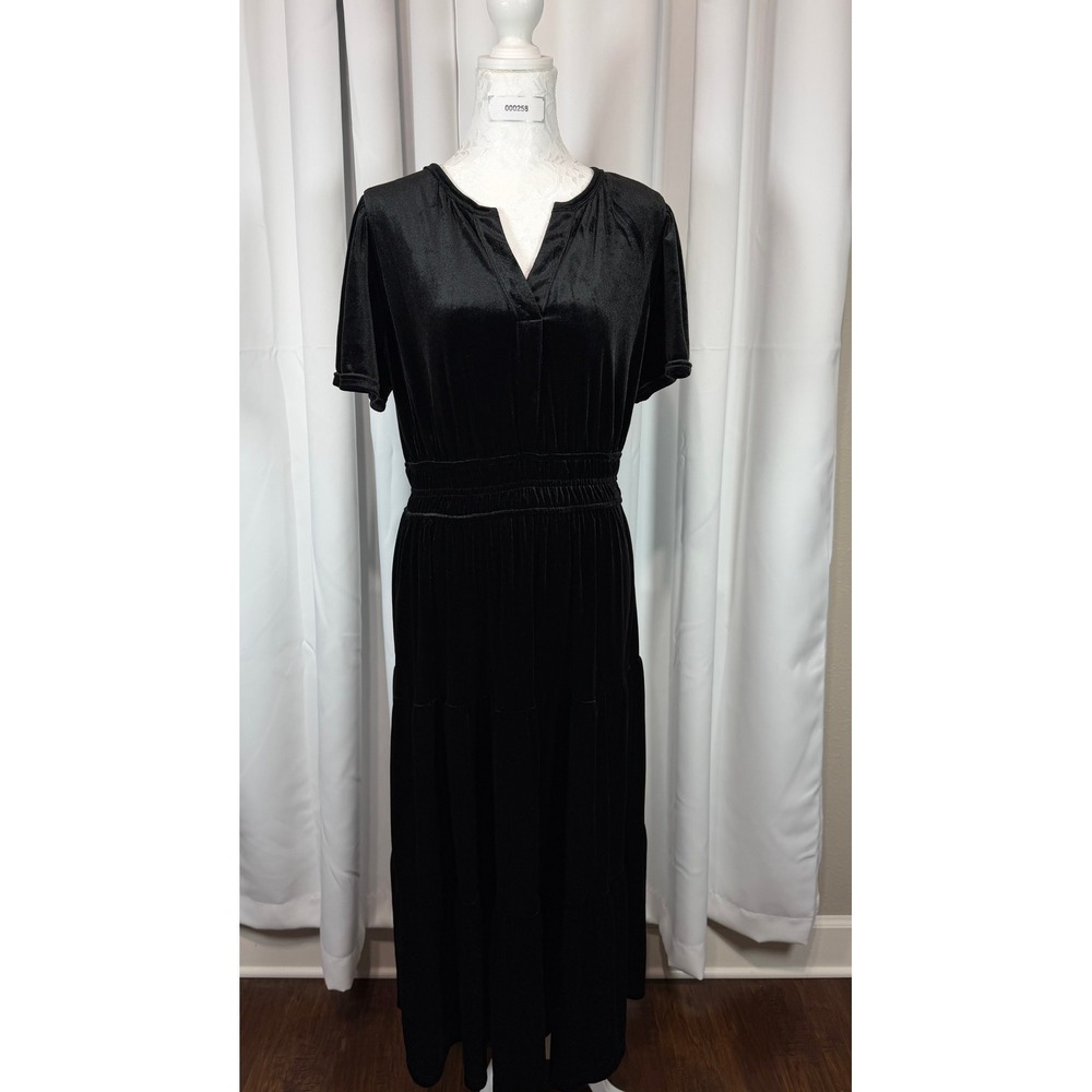 August Sky Black Velvet Maxi Dress Split V-Neck Tiered Ruffle RD3046 Womens L